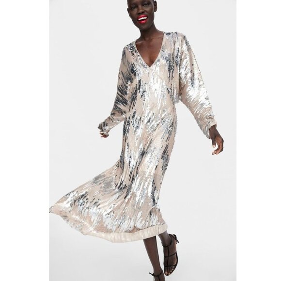 ZARA SILVER SEQUIN Glam Midi DRESS Gown 2878/467 Maxi Evening Holiday Party NWT - Picture 4 of 8